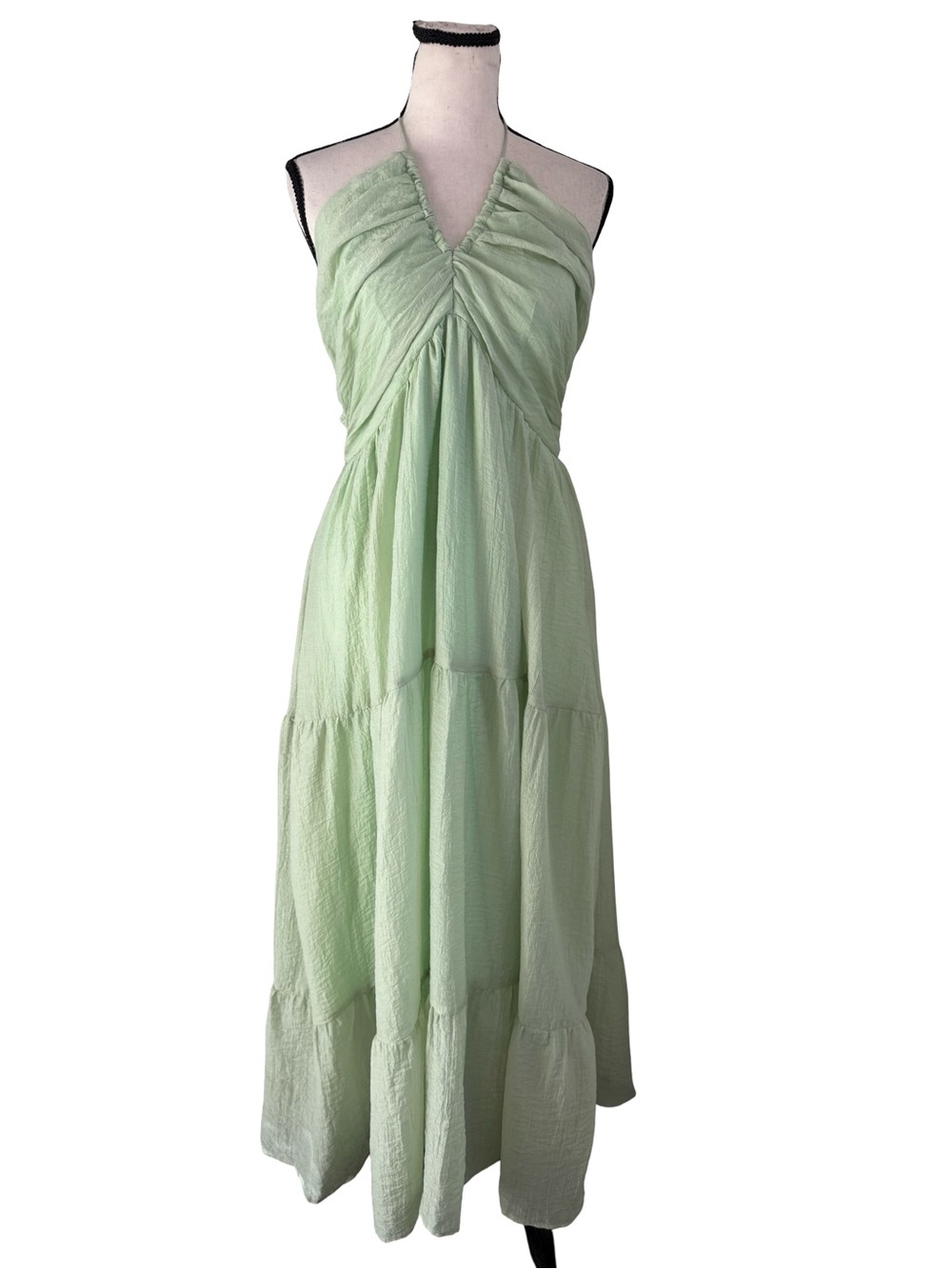 Cider Pale Green Halter Maxi Dress Ruched Tiered Open Back NWT Size L
